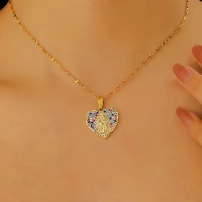 Women Fashion Simple Zircon Love Pendant Stainless Steel Necklace