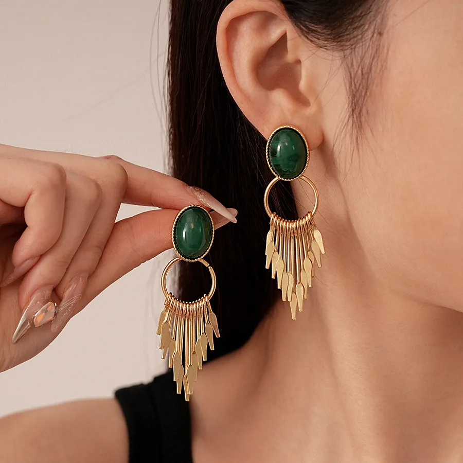 Women Fashion Retro Resin Oval Metal Tassel Silver Pin Earrings