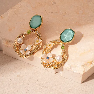 Women Vintage Acrylic Zircon Floral Geometric Silver Pin Earrings