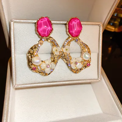 Women Vintage Acrylic Zircon Floral Geometric Silver Pin Earrings