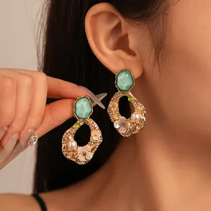 Women Vintage Acrylic Zircon Floral Geometric Silver Pin Earrings