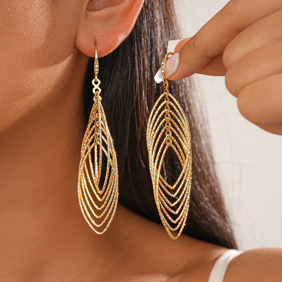 Women Fashion Metallic Zircon Oval Hollow Cross Earrings