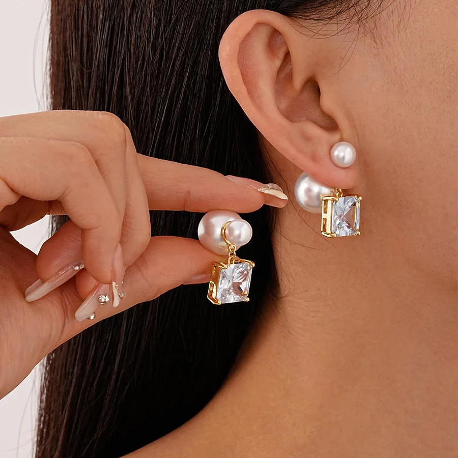 Women Fashion Elegant Silver Zircon Pearl Square Stud Earrings