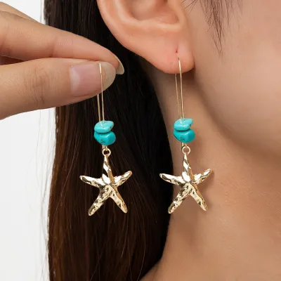 Women Fashion Ocean Style Imitation Turquoise Beaded Alloy Starfish Pendant Earrings