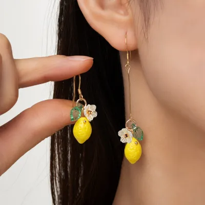 Women Fashion Irregular Cute Summer Fresh Fruit Lemon Leaves Floral Pendant Earrings Stainless Steel