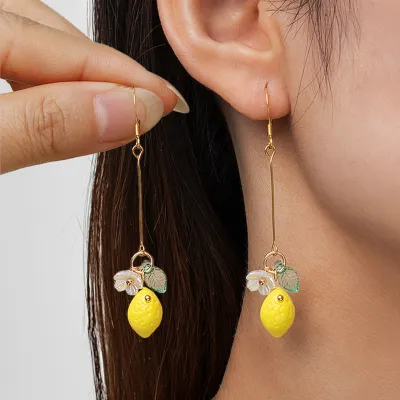 Women Fashion Irregular Cute Summer Fresh Fruit Lemon Leaves Floral Pendant Earrings Stainless Steel