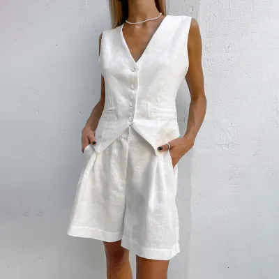 Women Fashion Casual Solid Color Cotton And Linen V-Neck Sleeveless Vest Loose Shorts Two-Piece Set