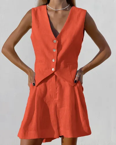 Women Fashion Casual Solid Color Cotton And Linen V-Neck Sleeveless Vest Loose Shorts Two-Piece Set