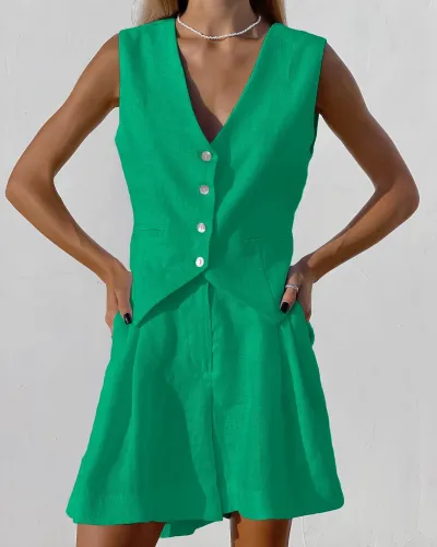 Women Fashion Casual Solid Color Cotton And Linen V-Neck Sleeveless Vest Loose Shorts Two-Piece Set