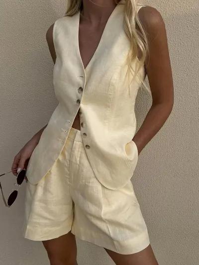 Women Fashion Casual Solid Color Cotton And Linen V-Neck Vest Loose Shorts Two-Piece Set