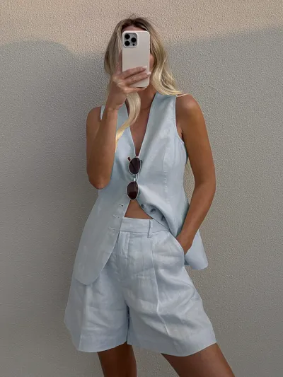 Women Fashion Casual Solid Color Cotton And Linen V-Neck Vest Loose Shorts Two-Piece Set