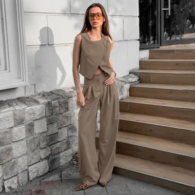 Women Fashion Solid Color Vest High Waist Wide Leg Pants Two-Piece Set