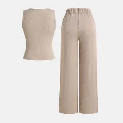 Women Fashion Causal Solid Color Thin Single-Breasted Vest Wide-Leg Pants Two-Piece Set