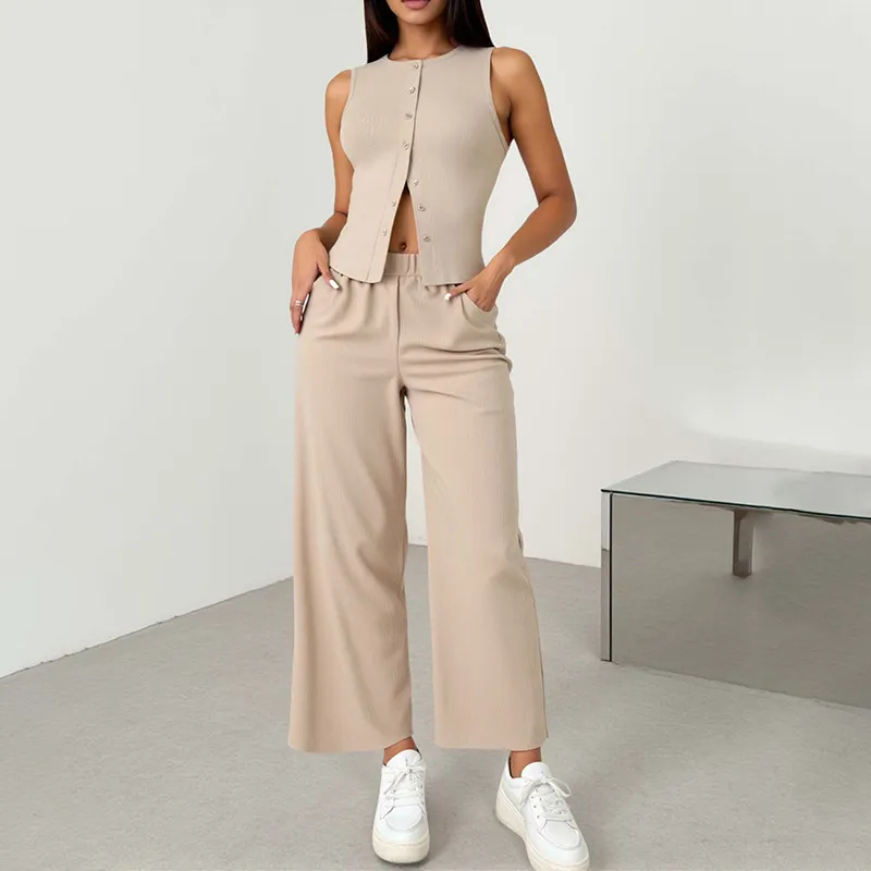 Women Fashion Causal Solid Color Thin Single-Breasted Vest Wide-Leg Pants Two-Piece Set