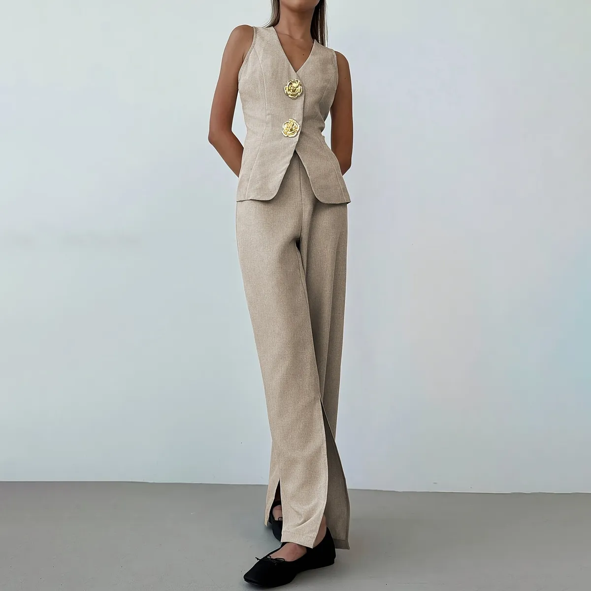 Women Fashion Elegant Solid Color Thin Breathable V-Neck Sleeveless Vest Slit Wide Leg Pants Two-Piece Set