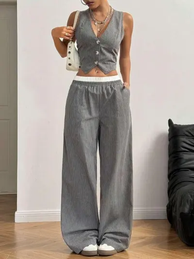 Women Fashion Casual Stripe V-Neck Vest Loose Pants Two-Piece Set