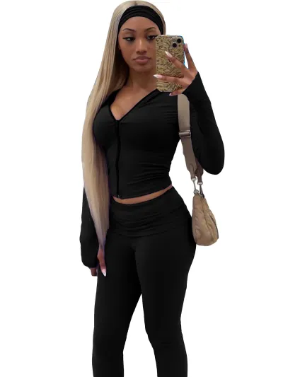 Women Fashion Casual Solid Color Zipper Long-Sleeve Cardigan Slim-Fit Pants Two-Piece Set