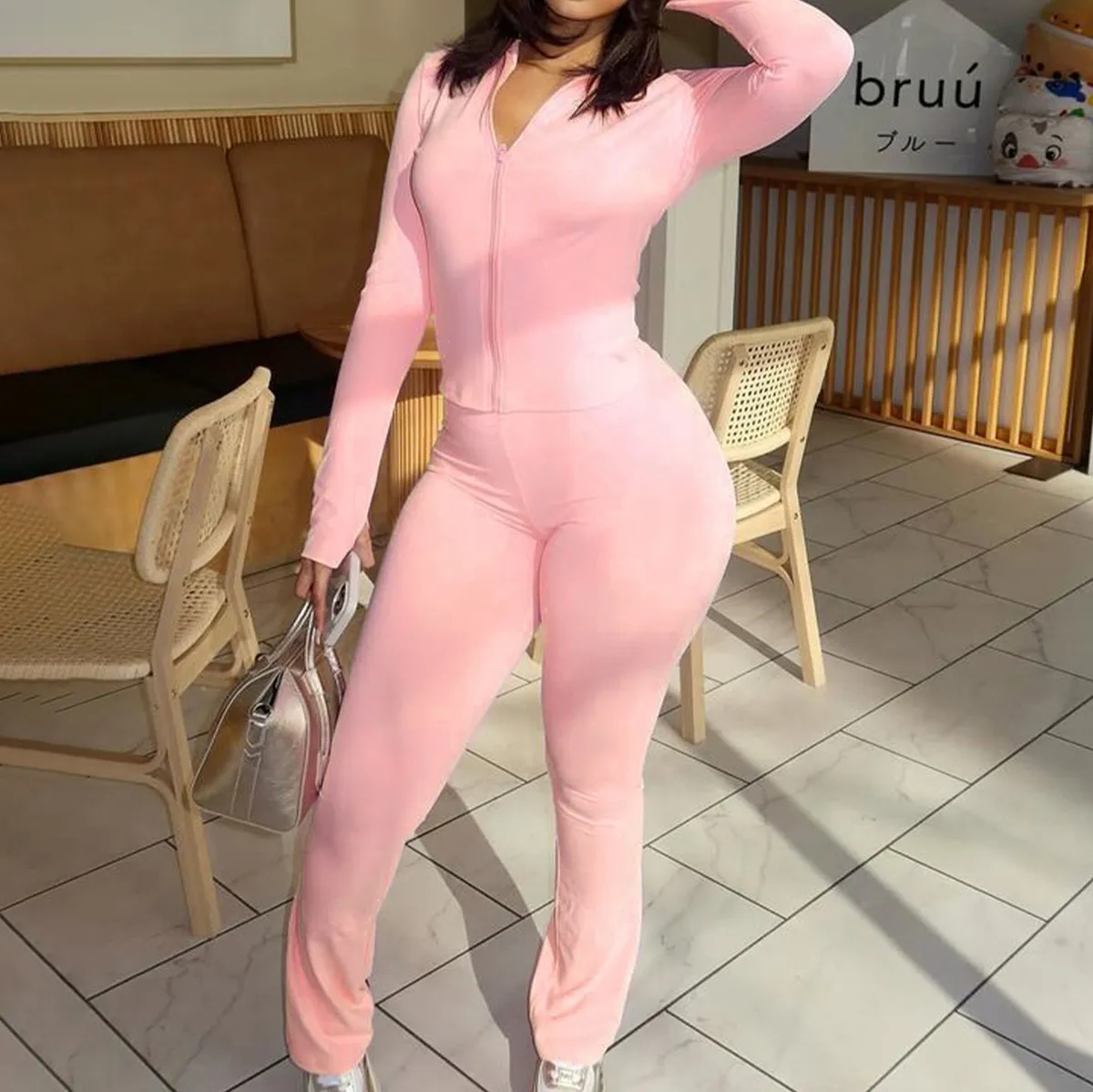 Women Fashion Casual Solid Color Zipper Long-Sleeve Cardigan Slim-Fit Pants Two-Piece Set