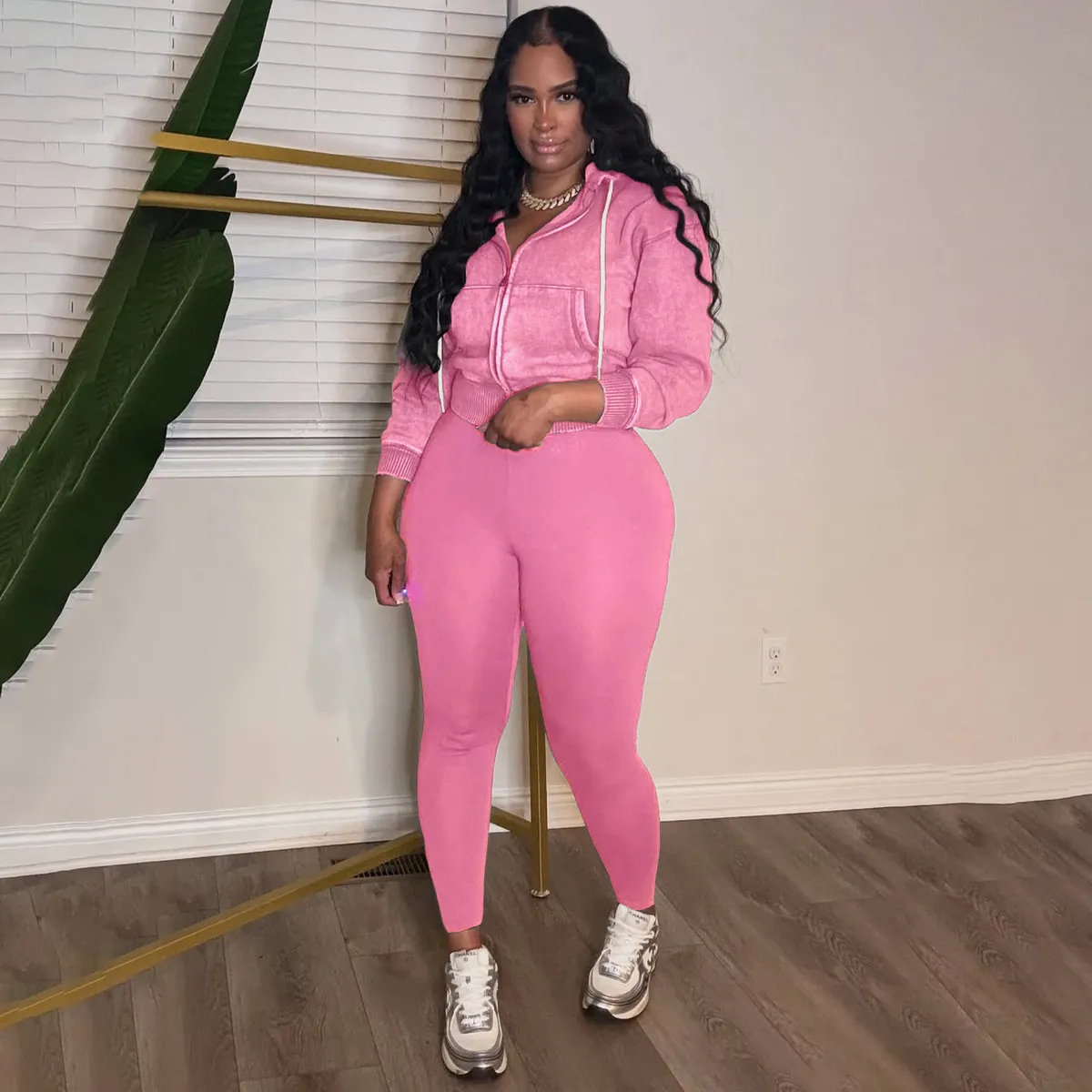 Women Fashion Casual Solid Color Velvet Long-Sleeve Hoodies Tight Pants Two-Piece Set