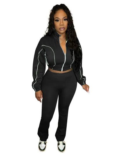 Women Fashion Casual Contrast Color Zipper Long-Sleeve Jacket Tight Pants Two-Piece Set