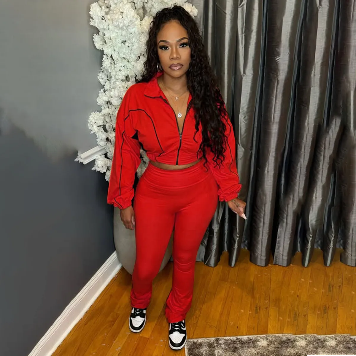 Women Fashion Casual Contrast Color Zipper Long-Sleeve Jacket Tight Pants Two-Piece Set