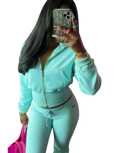 Women Fashion Casual Waffle Long Sleeve Top Drawstring Pants Two-Piece Set
