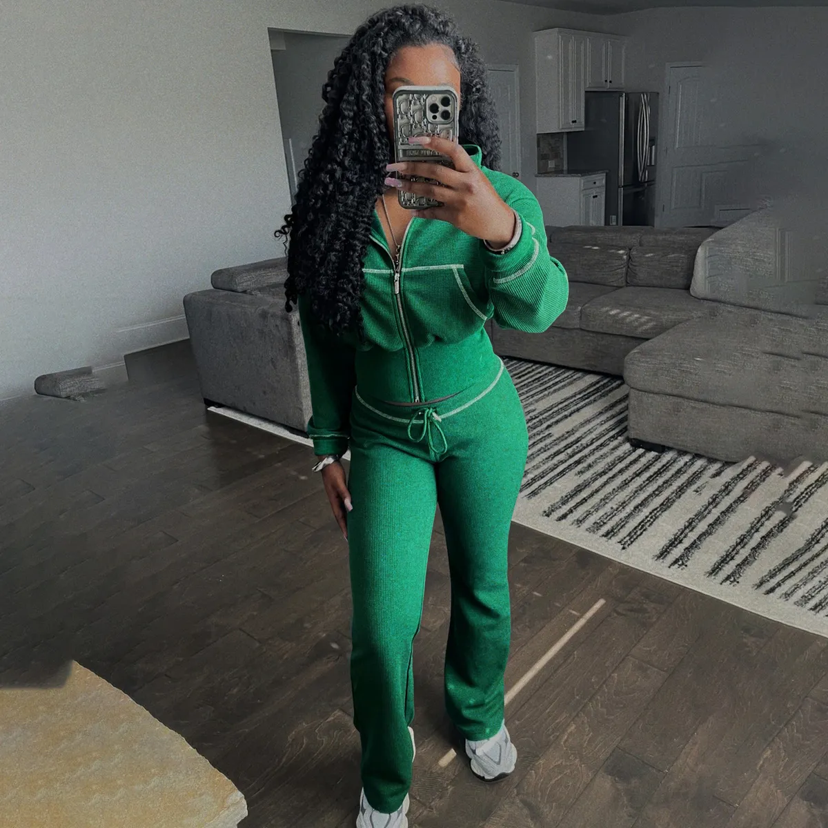 Women Fashion Casual Waffle Long Sleeve Top Drawstring Pants Two-Piece Set