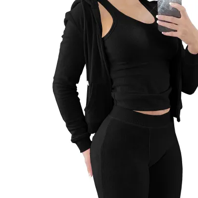 Women Fashion Casual Solid Color Double-Sided Fleece Tank Top Long-Sleeve Hoodies Tight Pants Three-Piece Set