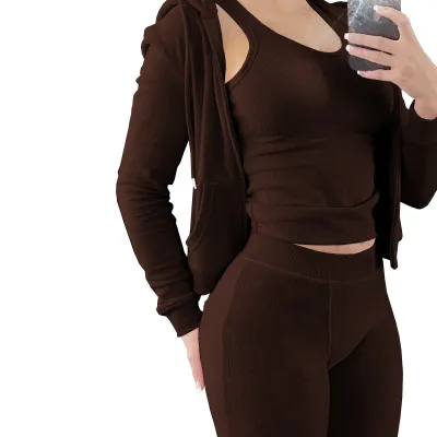 Women Fashion Casual Solid Color Double-Sided Fleece Tank Top Long-Sleeve Hoodies Tight Pants Three-Piece Set