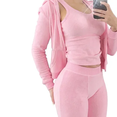 Women Fashion Casual Solid Color Double-Sided Fleece Tank Top Long-Sleeve Hoodies Tight Pants Three-Piece Set