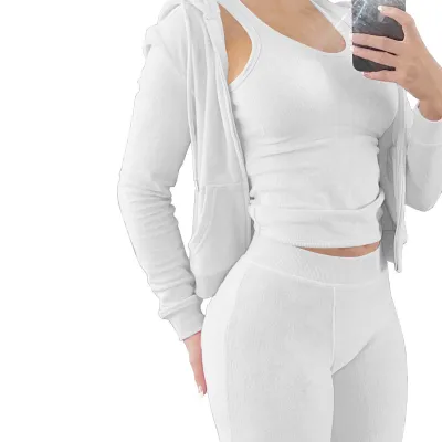 Women Fashion Casual Solid Color Double-Sided Fleece Tank Top Long-Sleeve Hoodies Tight Pants Three-Piece Set