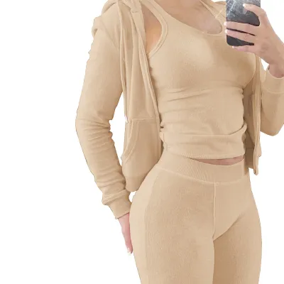 Women Fashion Casual Solid Color Double-Sided Fleece Tank Top Long-Sleeve Hoodies Tight Pants Three-Piece Set