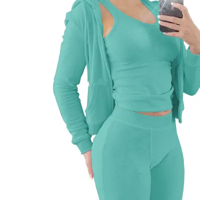 Women Fashion Casual Solid Color Double-Sided Fleece Tank Top Long-Sleeve Hoodies Tight Pants Three-Piece Set