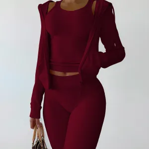 Women Fashion Casual Solid Color Double-Sided Fleece Tank Top Long-Sleeve Hoodies Tight Pants Three-Piece Set