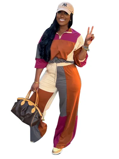 Women Fashion Casual Color Block Long-Sleeve Zipper Drawstring Top Loose Pants Two-Piece Set