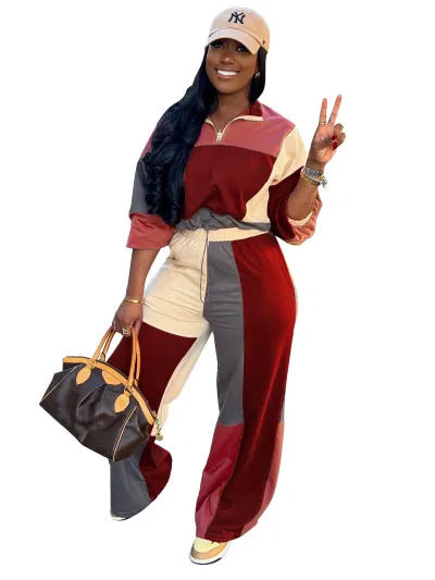 Women Fashion Casual Color Block Long-Sleeve Zipper Drawstring Top Loose Pants Two-Piece Set