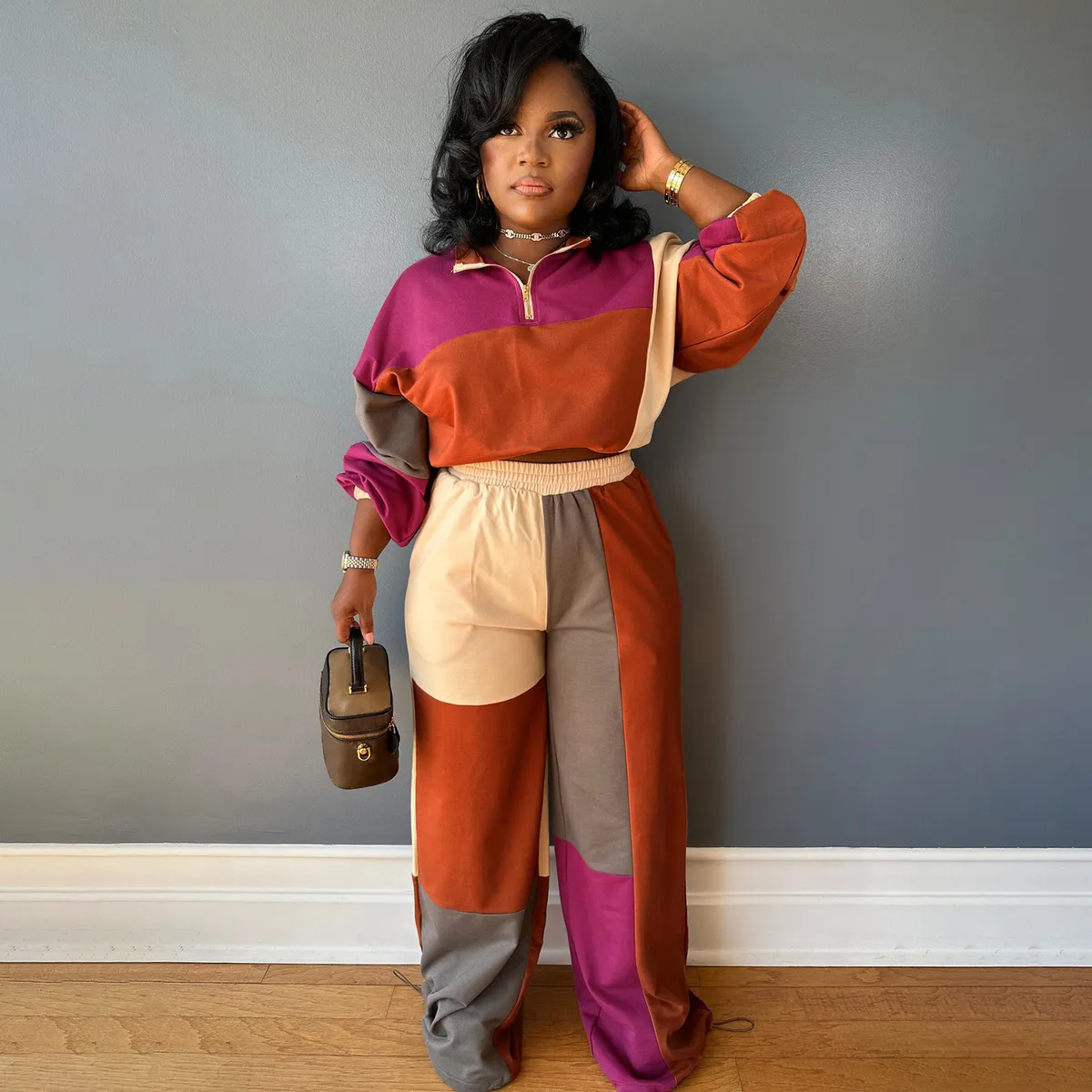 Women Fashion Casual Color Block Long-Sleeve Zipper Drawstring Top Loose Pants Two-Piece Set