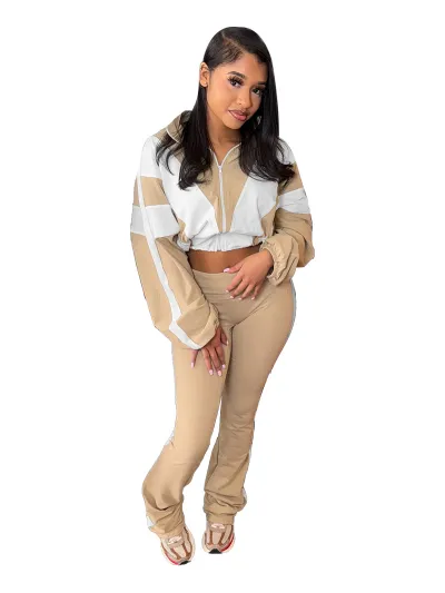 Women Fashion Casual Contrast Color Long-Sleeve Jacket Tight Waist Pants Two-Piece Pants Set