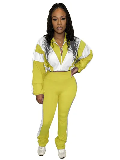 Women Fashion Casual Contrast Color Long-Sleeve Jacket Tight Waist Pants Two-Piece Pants Set