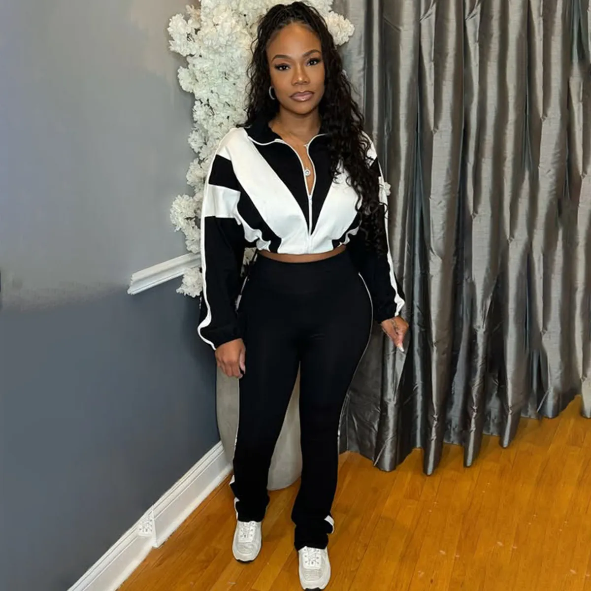 Women Fashion Casual Contrast Color Long-Sleeve Jacket Tight Waist Pants Two-Piece Pants Set