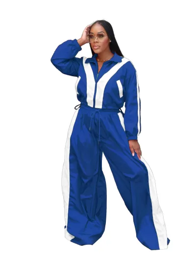 Women Fashion Casual Contrast Color Zipper Long-Sleeve Jacket Tight Waist Loose Panst Two-Piece Set