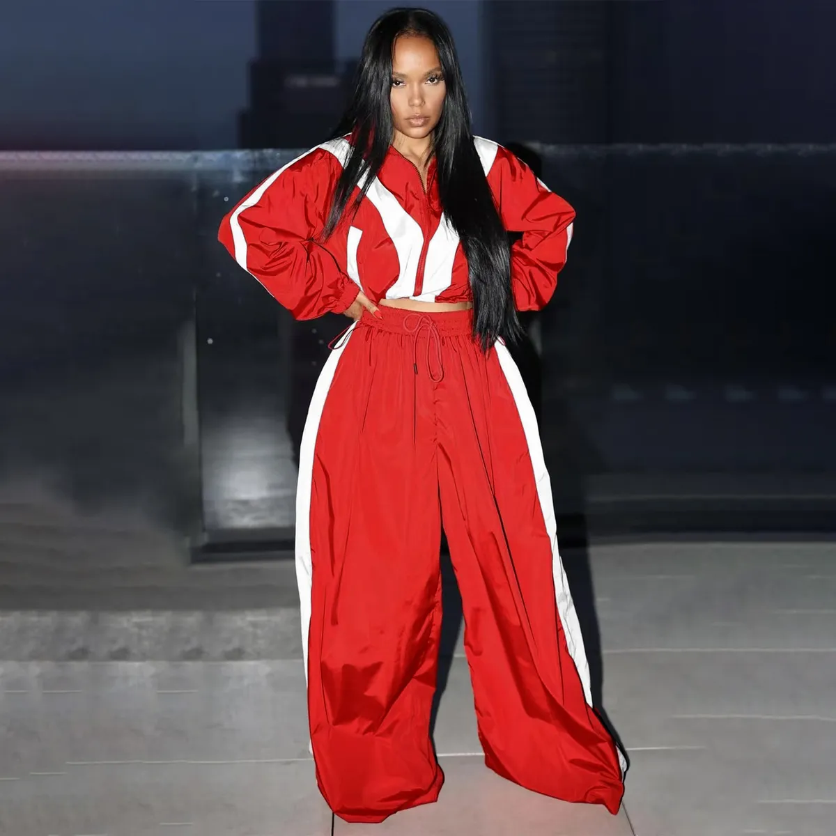 Women Fashion Casual Contrast Color Zipper Long-Sleeve Jacket Tight Waist Loose Panst Two-Piece Set