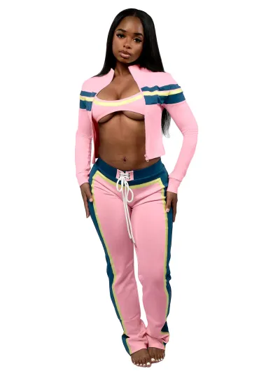Women Fashion Sexy Printed Stitching Bra Long Sleeve Jacket Adjustable Buckle Strap Pants Three-Piece Set