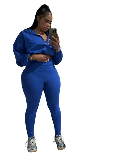 Women Fashion Sexy Solid Color Drawstring Long-Sleeve Top High Waist Tight Pants Two-Piece Set