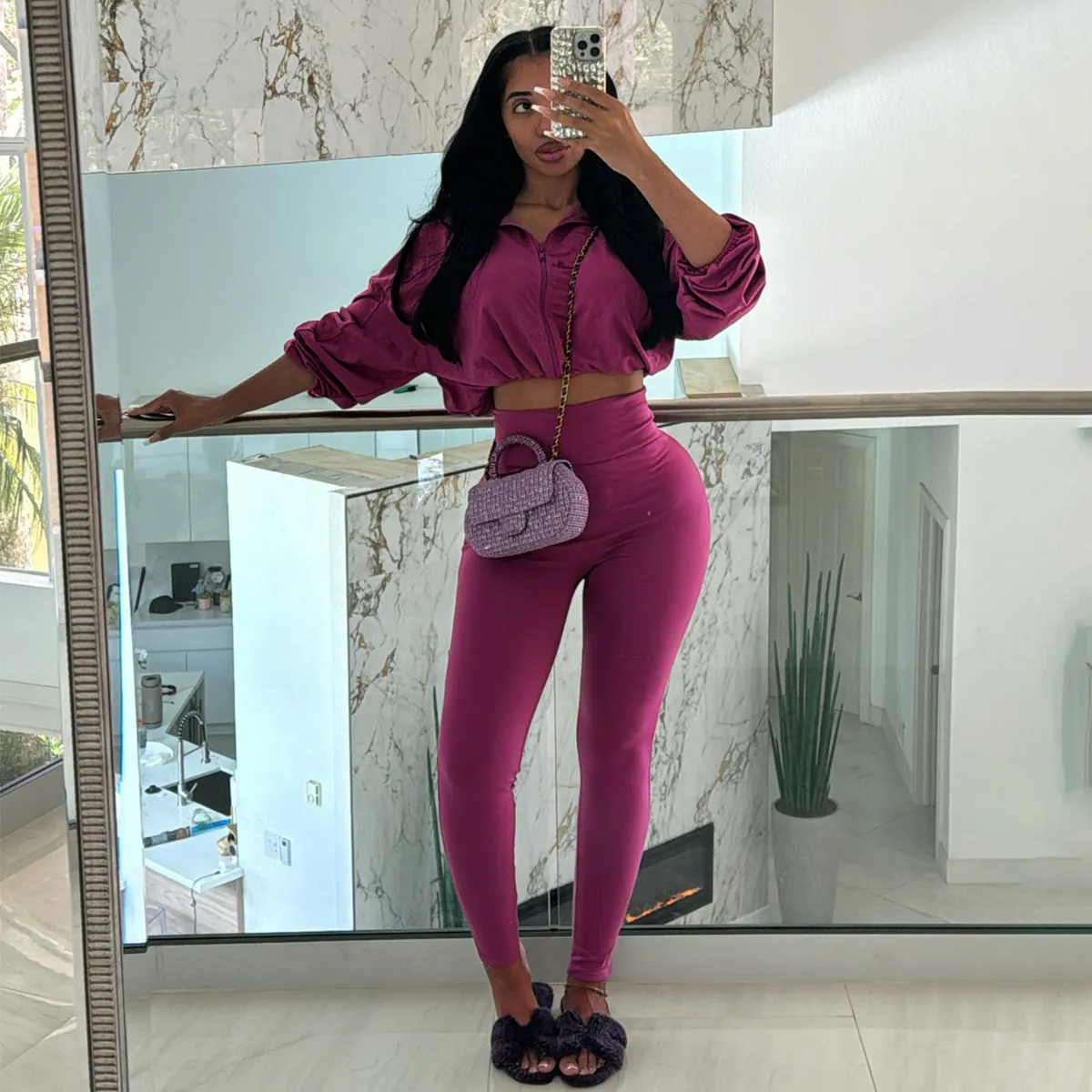 Women Fashion Sexy Solid Color Drawstring Long-Sleeve Top High Waist Tight Pants Two-Piece Set