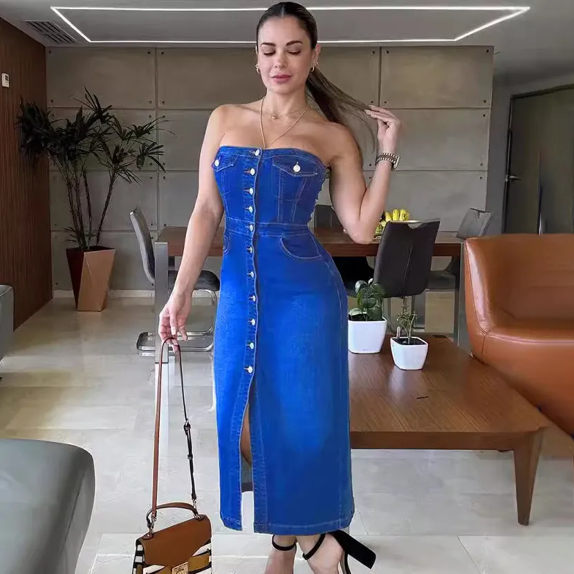 Women Fashion Sexy Tube Top Single-Breasted Split Denim Dress