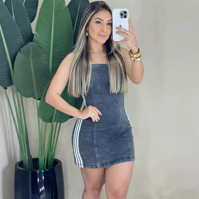 Women Fashion Sexy Stripe Stitching Spaghetti Strap Tight Denim Dress