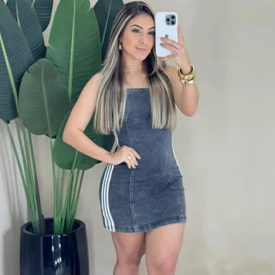 Women Fashion Sexy Stripe Stitching Spaghetti Strap Tight Denim Dress