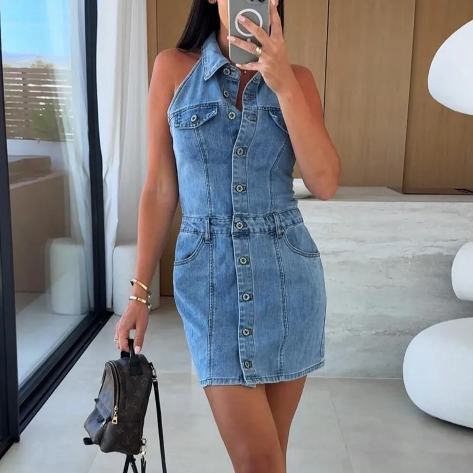 Women Fashion Sexy Lapel Sleeveless Single-Breasted Denim Dress