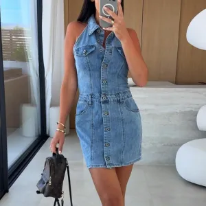 Women Fashion Sexy Lapel Sleeveless Single-Breasted Denim Dress